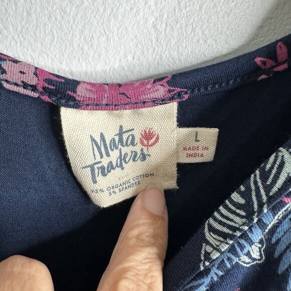 Mata Traders Maxi Dress Sz L Floral Navy Boho Jersey Knit Organic Cotton Stretch - Picture 3 of 9